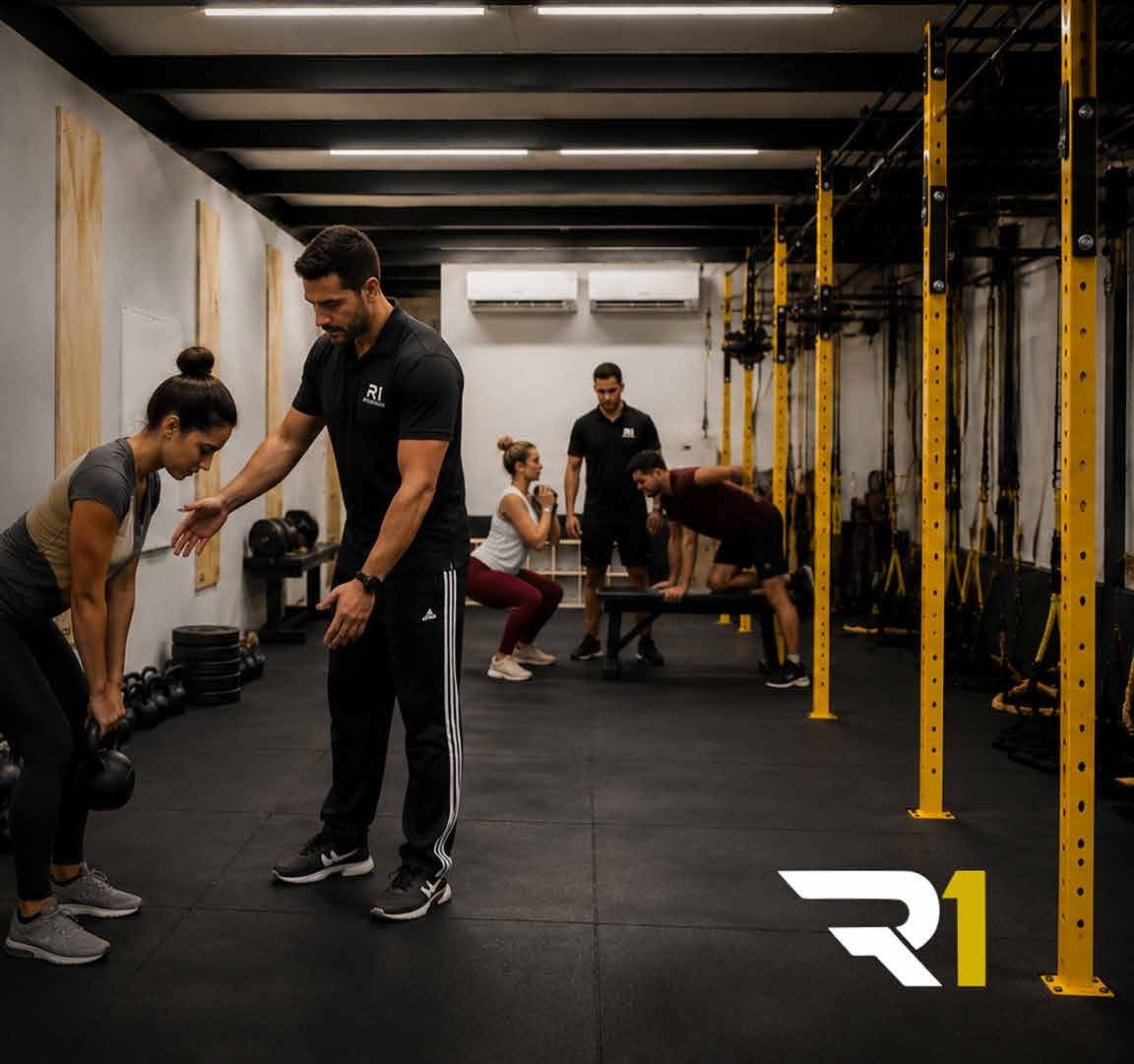 Professor da R1 corrigindo o movimento de uma aluna durante o treino